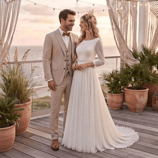 Three Quarter Chiffon Open Back Wedding Dress - Diva Melody