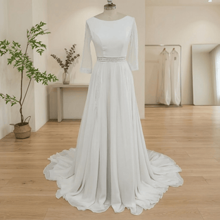 Three Quarter Chiffon Open Back Wedding Dress - Diva Melody