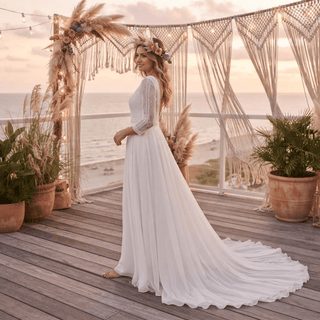 Three Quarter Chiffon Open Back Wedding Dress - Diva Melody