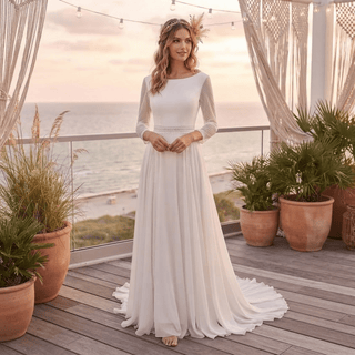 Three Quarter Chiffon Open Back Wedding Dress - Diva Melody