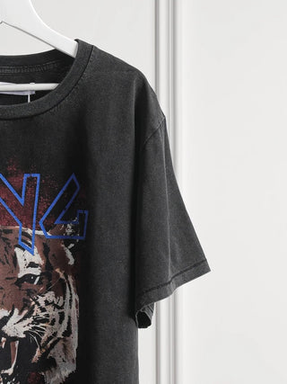 Tiger Washed Black Cotton Vintage T-shirts - Diva Melody