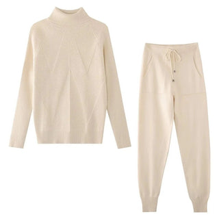 Tracksuit Turtleneck Sweater and Elastic Trousers Suits Knitted Two Piece Set - Diva Melody