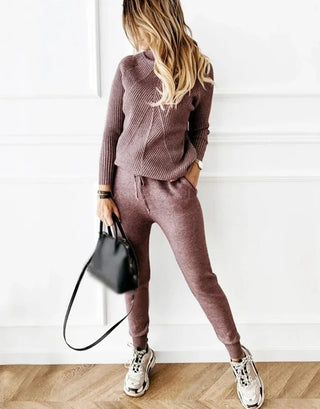 Tracksuit Turtleneck Sweater and Elastic Trousers Suits Knitted Two Piece Set - Diva Melody