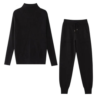 Tracksuit Turtleneck Sweater and Elastic Trousers Suits Knitted Two Piece Set - Diva Melody