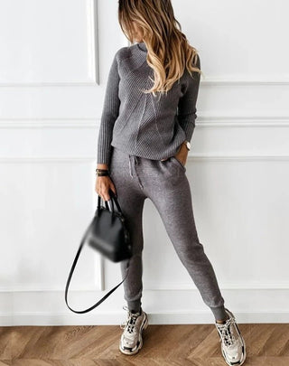 Tracksuit Turtleneck Sweater and Elastic Trousers Suits Knitted Two Piece Set - Diva Melody