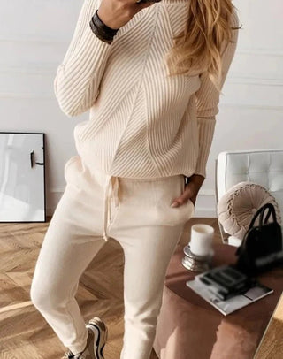 Tracksuit Turtleneck Sweater and Elastic Trousers Suits Knitted Two Piece Set - Diva Melody