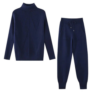 Tracksuit Turtleneck Sweater and Elastic Trousers Suits Knitted Two Piece Set - Diva Melody