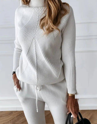 Tracksuit Turtleneck Sweater and Elastic Trousers Suits Knitted Two Piece Set - Diva Melody