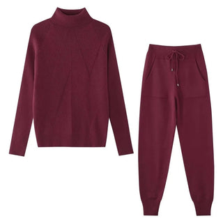 Tracksuit Turtleneck Sweater and Elastic Trousers Suits Knitted Two Piece Set - Diva Melody