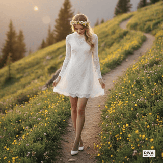 Turtle Neck Lace Keyhole Mini Bridal Dress - Diva Melody