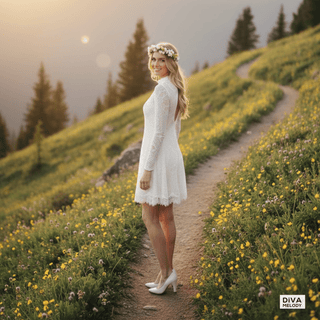 Turtle Neck Lace Keyhole Mini Bridal Dress - Diva Melody