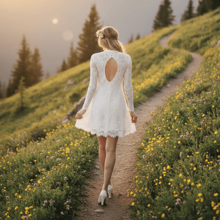 Turtle Neck Lace Keyhole Mini Bridal Dress - Diva Melody