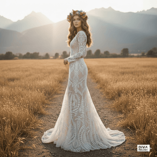 Two - Piece Lace V - Neck Beach Wedding Dress with High Slit - Diva Melody