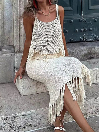 Two Piece Sets Knitted Camisole Tassel Skirts See Through Mesh Beach Wear - Diva Melody