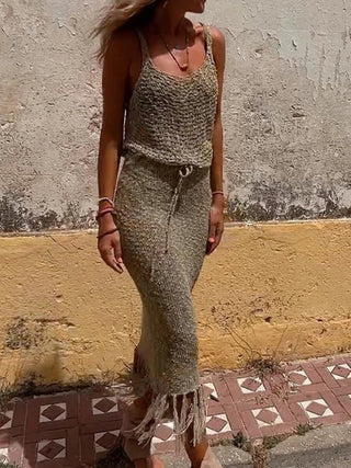 Two Piece Sets Knitted Camisole Tassel Skirts See Through Mesh Beach Wear - Diva Melody