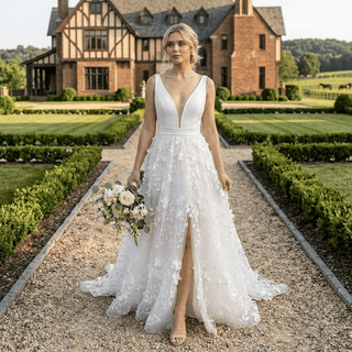 V - Neck 3D Leaf Lace Belted A - Line Wedding Gown - Diva Melody