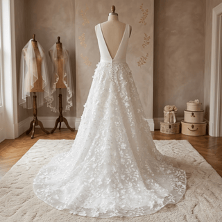 V - Neck 3D Leaf Lace Belted A - Line Wedding Gown - Diva Melody
