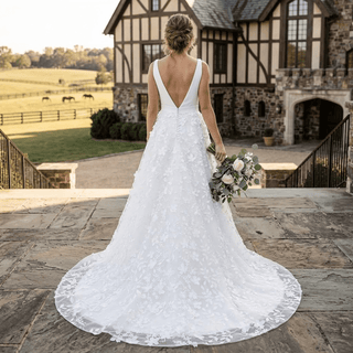 V - Neck 3D Leaf Lace Belted A - Line Wedding Gown - Diva Melody