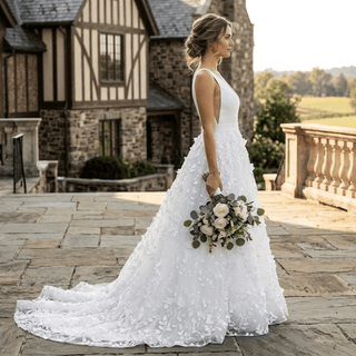V - Neck 3D Leaf Lace Belted A - Line Wedding Gown - Diva Melody