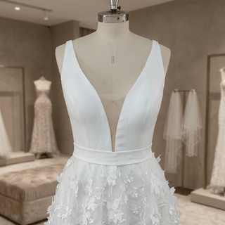V - Neck 3D Leaf Lace Belted A - Line Wedding Gown - Diva Melody