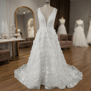 V - Neck 3D Leaf Lace Belted A - Line Wedding Gown - Diva Melody