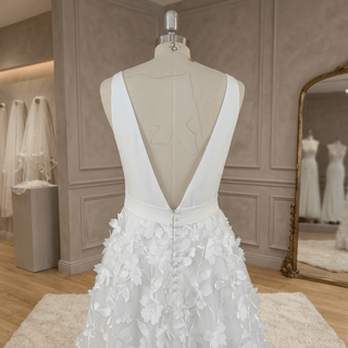 V - Neck 3D Leaf Lace Belted A - Line Wedding Gown - Diva Melody
