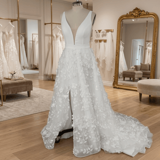 V - Neck 3D Leaf Lace Belted A - Line Wedding Gown - Diva Melody