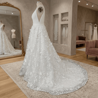 V - Neck 3D Leaf Lace Belted A - Line Wedding Gown - Diva Melody