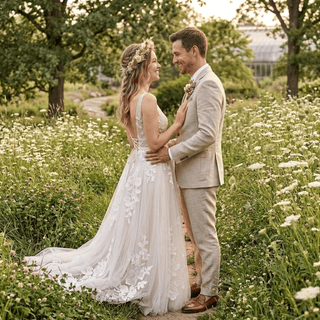 V-Neck Boho Embroidery Tulle Wedding Dress - Diva Melody