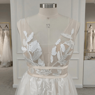V-Neck Boho Embroidery Tulle Wedding Dress - Diva Melody