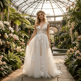 V-Neck Boho Embroidery Tulle Wedding Dress - Diva Melody