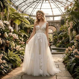 V-Neck Boho Embroidery Tulle Wedding Dress - Diva Melody