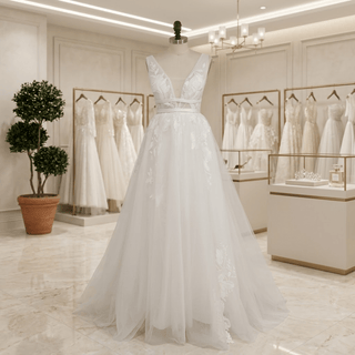 V-Neck Boho Embroidery Tulle Wedding Dress - Diva Melody