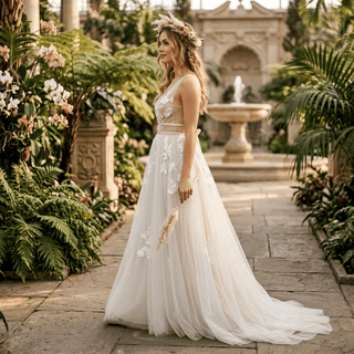 V-Neck Boho Embroidery Tulle Wedding Dress - Diva Melody