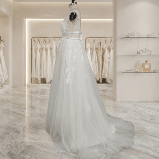V-Neck Boho Embroidery Tulle Wedding Dress - Diva Melody