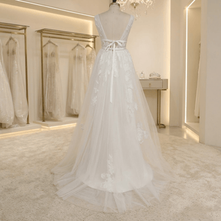 V-Neck Boho Embroidery Tulle Wedding Dress - Diva Melody