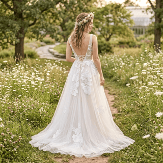 V-Neck Boho Embroidery Tulle Wedding Dress - Diva Melody