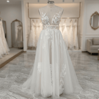 V-Neck Boho Embroidery Tulle Wedding Dress - Diva Melody