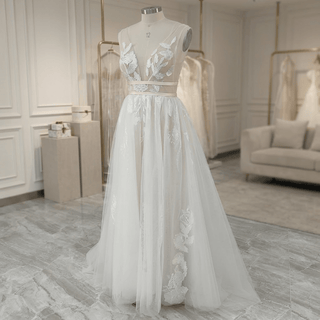 V-Neck Boho Embroidery Tulle Wedding Dress - Diva Melody