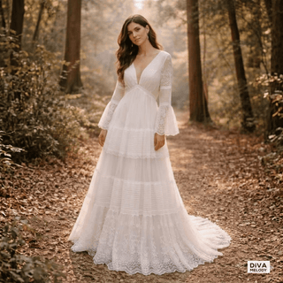 V - Neck Chiffon A - Line Wedding Dress - Diva Melody