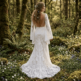 V-Neck Flare Sleeve Bridal Dress - Diva Melody