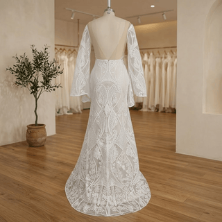 V-Neck Flare Sleeve Bridal Dress - Diva Melody