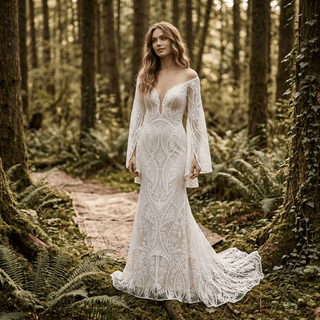 V-Neck Flare Sleeve Bridal Dress - Diva Melody