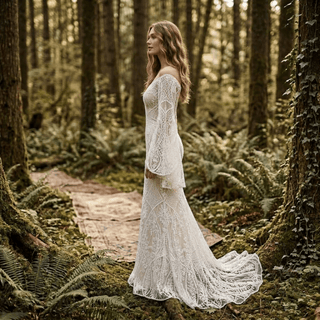V-Neck Flare Sleeve Bridal Dress - Diva Melody