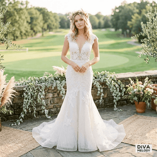V - Neck Lace Fit & Flare Gown - Diva Melody