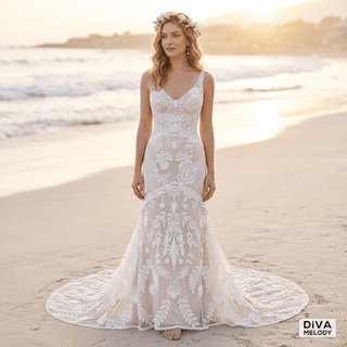 V - Neck Lace Mermaid Bridal Dress - Diva Melody