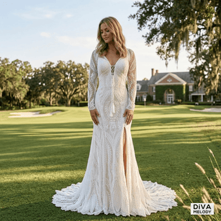 V - Neck Lace Mermaid Gown - Diva Melody
