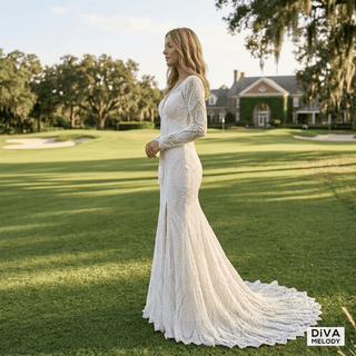V - Neck Lace Mermaid Gown - Diva Melody