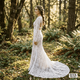 V - Neck Lace Mermaid Romantic Wedding Dress - Diva Melody