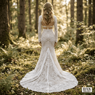V - Neck Lace Mermaid Romantic Wedding Dress - Diva Melody